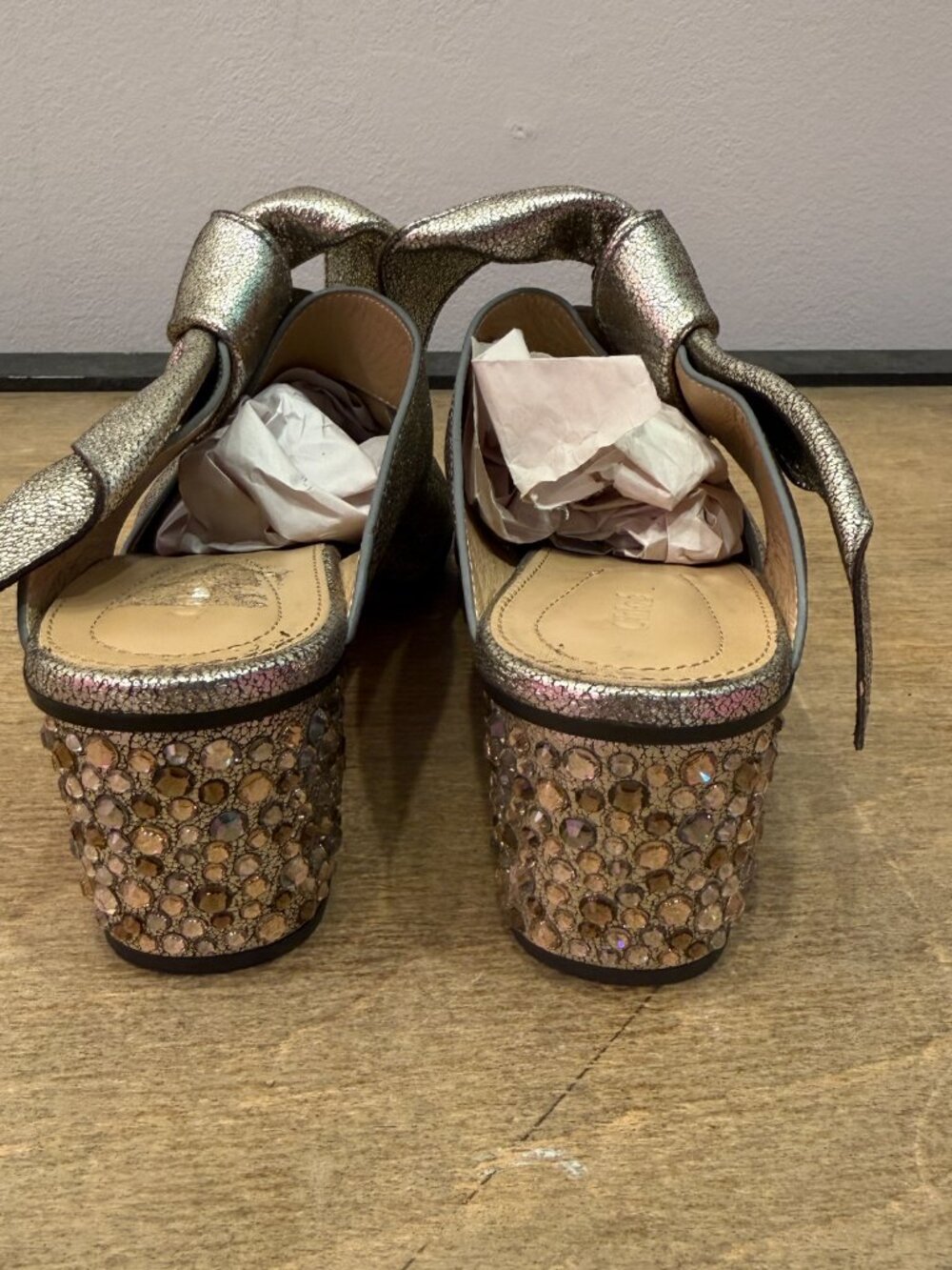 Chloe Silver Metallic Leather Rhinestone Crystal Block Heel Mule Slides 38.5 - Picture 7 of 14